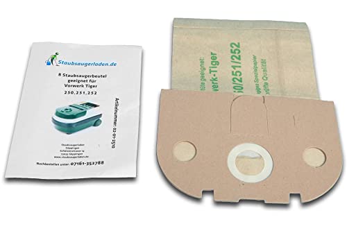 8 hochwertige Staubsaugerbeutel plus Filter passend für Vorwerk Tiger 250 251 252 - Inlusive Motorschutzfilter und Abluftfilter