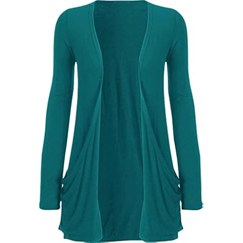 Women Ladies long sleeves open Front casual Boyfriend cardigan 2 swing style side pockets lightweight stretchy mid length Fall and Winter Top. (20-22, Teal) Cover