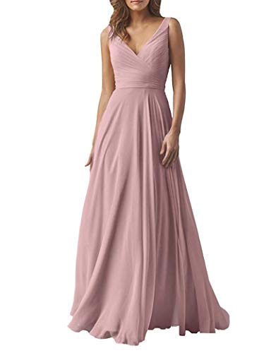 Yilis V-Neck A-line Chiffon Bridesmaid Dresses Long Pleated Evening Prom Dress Dustypink Size14
