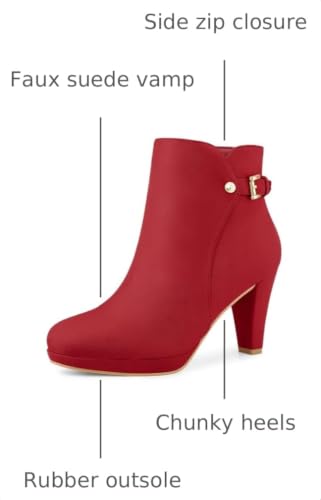 Allegra K Allegra K Women's Low Platform Zip Buckle Chunky High Heel Red Ankle Booties 9.5 M US