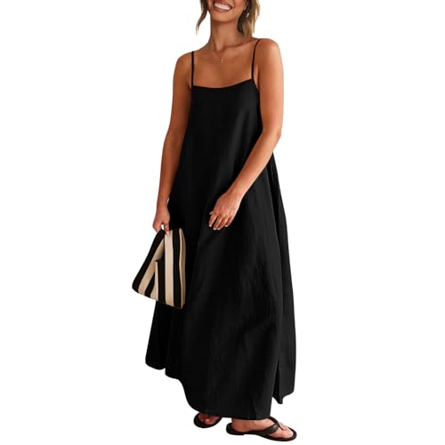 Senllen Women's Linen Dress Summer Loose Flowy Sundress Contrast Spaghetti Strap Sleeveless Backless Beach Maxi Long Dresses Black