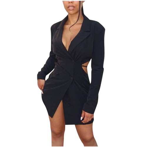 HGps8w Women's Sexy Cutout Waist Blazer Dresses, Double Breasted Long Sleeve V Neck Suit Jacket Mini Dress