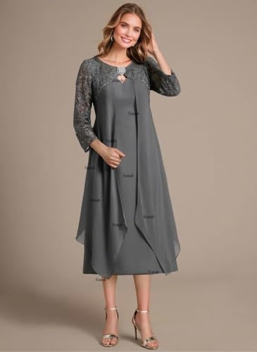 Scoop Tea Length Lace Chiffon Mother of The Bride Dress with Crystal Brooch Long Sleeve Formal Dress2