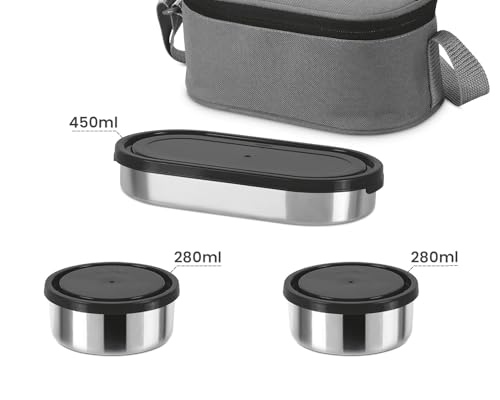 Image of Premium Insulated Lunch Box Set with 2 Steel Containers 280ml, Plastic Container 450ml, Cutlery, Blue Plaid Pattern Thermal Bag, Office Tiffin Box