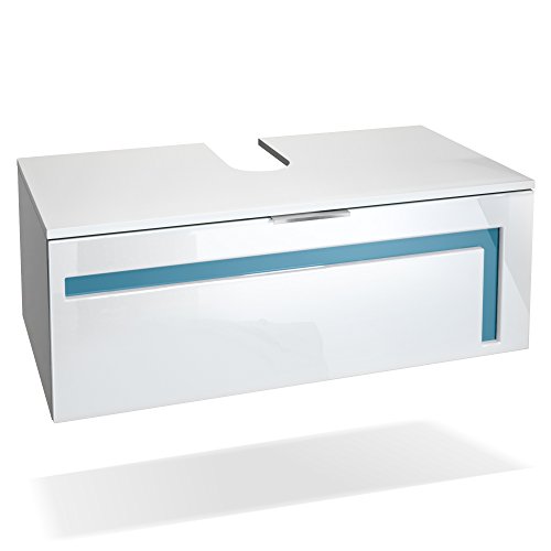 Vladon Meuble sous Vasque Lavabo Aloha V2, Corps en Blanc Mat/Façades en Blanc Haute Brillance avec Un décor en Turquoise Haute Brillance