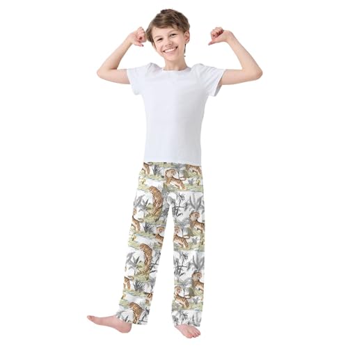 Tiger Palm Trees Boys Long Pants Soft Trousers Elastic Waist Kids Lounge Bottoms with Pockets S-XL2