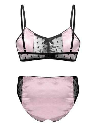 Hedmy Men's Sissy Stain Crossdress Lingerie Set Lace Trim Cami Bra Tops with Panties Thongs Pajamas2