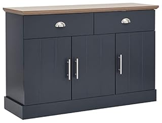 GFW Kendal Sideboard Cabinet Unit With 2 Storage Drawers & 3 Door Storage Cupboard, Contemporary Wooden Sideboards For Living Room, Dining Room & Kitchen, Slate Blue & Oak, H-77cm x W-117cm x D-39cm