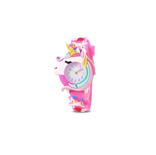 Kids Unicorn Watch Cute Silicone Cartoon Design Pink Colourful Band Analogue Display ساعة أطفال يونيكورن - تصميم كرتوني لطيف من السيليكون سوار ملون وردي عرض تناظري (عقارب)