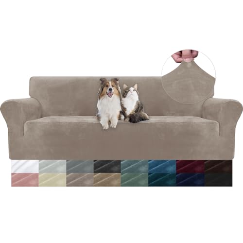 YSTELLAA Terciopelo Fundas Sofa Elasticas 4 Plazas, Ajustables Fundas Sofa Elastica, con Reposabrazos, Antiarañazos, Universales, Gruesa Antimanchas, Confort Suavidad, Caqui