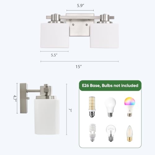 Image of 15 Inch Brushed Nickel Vanity Light for Bathroom 2 Light Bathroom Light Fixtures Over Mirror Milk Glass Makeup Shower Lamp Farmhouse Wall Sconce