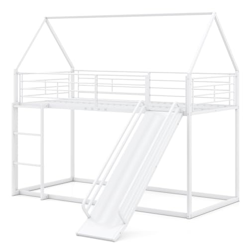 COSTWAY Hochbett mit Rutsche & Leiter, Kinderbett 90 x 200 cm Stockbett, Etagenbett hausförmig, Metallbett Hausbett mit Rausfallschutz & Dach & Metallrahmen (Weiß)