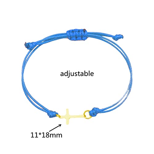 Colorful Bling Gold Silver Stainless Steel Sideways Cross Bracelet Adjustable Braided String Faith Hope Blessed Woven Rope Wrist Cuff For Men Women Protection Amulet Jewelry-Gold Blue #TOP1
