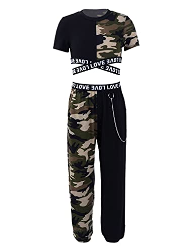 Choomomo 2Pcs Ensemble Danse Hip-Hop Enfant Fille Crop Top Manches Courtes Débardeur Sport Yoga Jogger Pantalon Cargo Camouflage Tenue Danse Jazz 5-16 Ans A Brun Camouflage 13-14 Ans