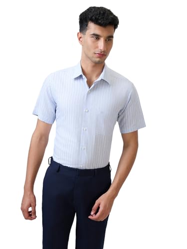 Image of Raymond Men Regular Fit Stripe Pattern Cotton Linen Blend Semicutaway Collar Half Sleeve Formal Shirt