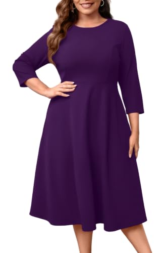 Image of Runwind Women's Plus Size Midi Dress Classy High Waist Wedding Guest Dress Casual Crew Neck 3 /4 Sleeve A-Line Swing Dresses