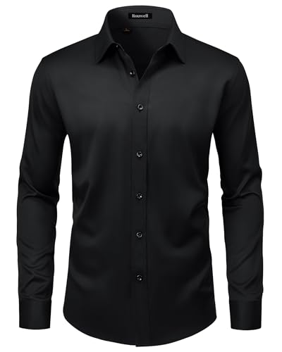 ROUWELL Black Dress Shirt for Men Long Sleeve Wrinkle Free Stretch Non Iron Business Formal Work Button Down Shirts L