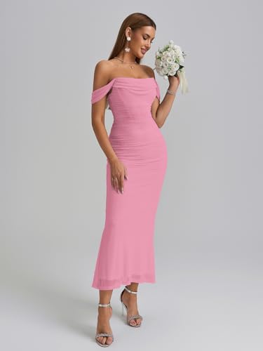 Image of KUTUMAI Off The Shoulder Maxi Long Dress Corset Ruched Bodycon Cocktail Formal Wedding Guest Dresses for Women