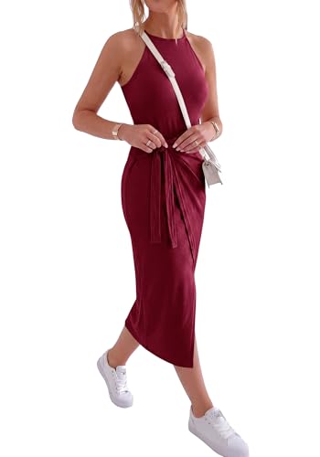 Image of NOLLSOM Women Casual Sleeveless Striped Tank Midi Dresses Halter Neck Ruched Bodycon Dresses Tie Waist T Shirt Summer Dress