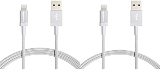 Amazon Basics Nylon Braided Lightning to USB A Cable - MFi Certified iPhone Charger, Silver, 1.8 m & Nylon Braided Lightning to USB A Cable - MFi Certified iPhone Charger, Silver, 0.9 m