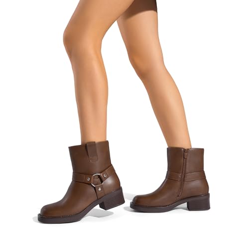 DREAM PAIRS DREAM PAIRS Women's Ankle Booties Side Zipper Motorcycle Boots Square Toe Chunky Low Heel Fashion Buckles Biker Riding Boots,Size 7,Tan,DWUMAB2533