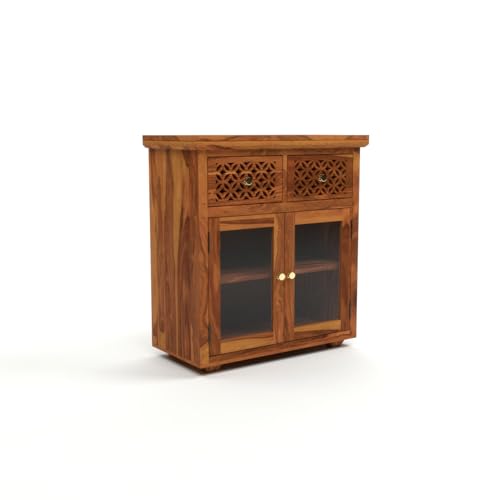 Image of Solid Sheesham Wood Sideboard Cabinet for Living Room | Wooden Storage Cabinet with 2 Acrylic Glass Doors & 2 Carved Drawers | Modern Display Sideboard for Home (Honey Finish)