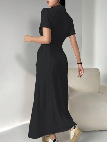 Image of Shasmi Women's Solid Color Applique Lace-Up Collared Short Sleeve, Side-Tie Waist Long Casual Maxi Women Dress Outfit Long Evening Midi Western Party Dress for Women (Dress 211)