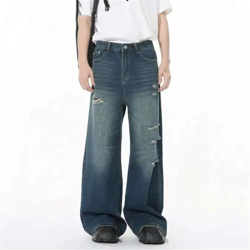 Men's Jeans Solid Color Holes Design Korean Style Worn-Out Mill Straight Leg Baggy Denim Trousers2