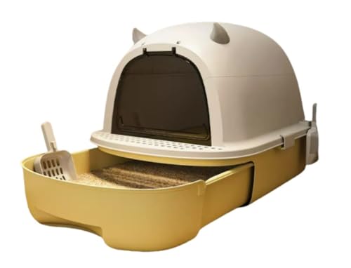 QeMiyg 清潔猫用トイレ ドーム型システムトイレ 本体セット 1か月分チップ・シート付 消臭 抗菌 飛び散り防止 室内猫用 子猫?成猫対応 ライトベージュ/イエロー (きいろ 黄色 です)