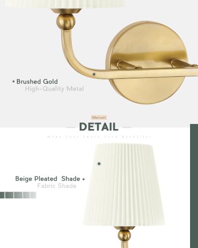 Image of 2-Light Gold Bathroom Vanity Light, Beige Pleated Fabric Shade | 17 inch 2-light gold double wall sconce with beige pleated fabric shades, E26 bulbs, hardwired, upward only, VL837-BG-Z-B-2