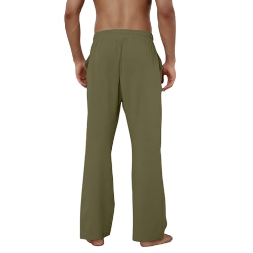Image of Puimentiua Cotton Linen Pants Men, Summer Beach Pants Loose Fit with Elastic Waist Drawstring