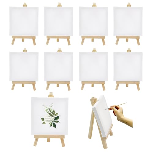 HMCEY - HMCEY 9 PCS Mini Chevalet avec Toile 10 X 10 CM,Petit Chevalet en Bois de Table,Petite Toile de Peinture,Support Toiles Tableau à Peindre,Chevalets Peinture Enfant Pliable pour Création Peint Main