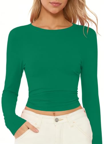 Women's Long Sleeve T Shirts Slim Fit Basic Soft Tee Crew Neck Solid Color T-Shirt Layering Tops Green XS