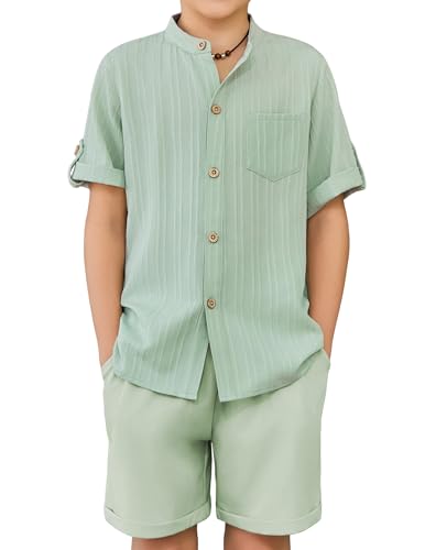 Image of Arshiner Boy's 2 Piece Beach Outfit Short Sleeve Textured Button Down Shirt and Short Sets Summer Vacation Wear 4-12 Years