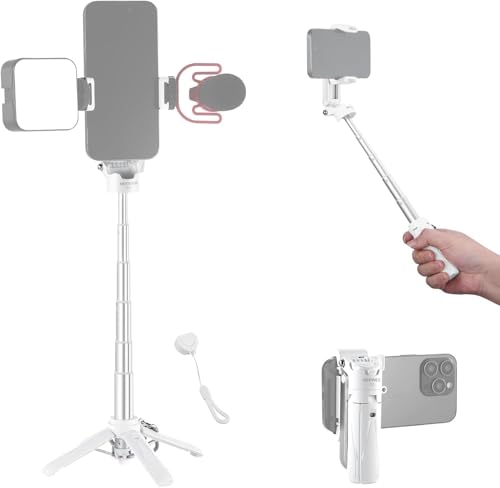 NEEWER Selfie Stick con Otturatore Remoto Bluetooth Rimovibile, Treppiede da Viaggio Leggero Pieghevole per iPhone, Portatelefono a 360° Cold Shoe per YouTube/TikTok Vlog Foto Live Stream, Bianco, P15