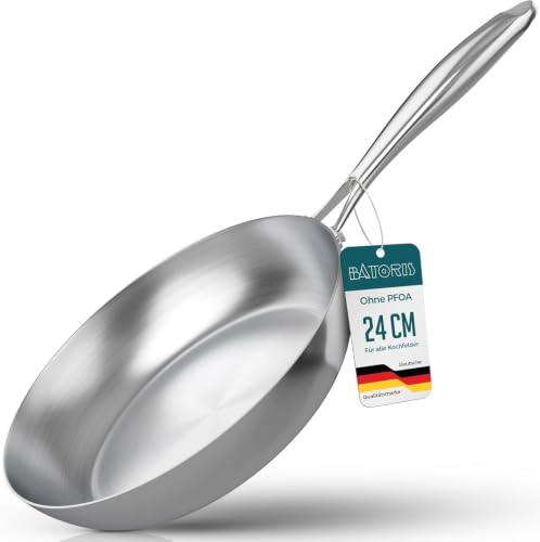 Batoris Edelstahlpfanne Unbeschichtet - Induktion - Profi Bratpfanne 24cm - Perfekt als Steakpfanne & Pastapfanne ohne Beschichtung - Brat- Universalpfanne frei von PFOA PTFE & PFAS - Ofenfest