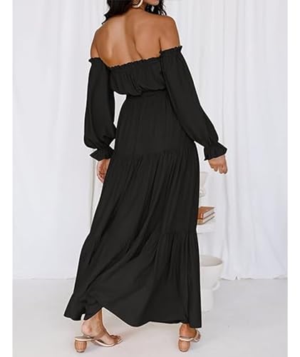 Image of ECDAHICC Women's Boho Sexy Off Shoulder Long Sleeve Maxi Dress High Waist Side Split A Line Tiered Long Dresses