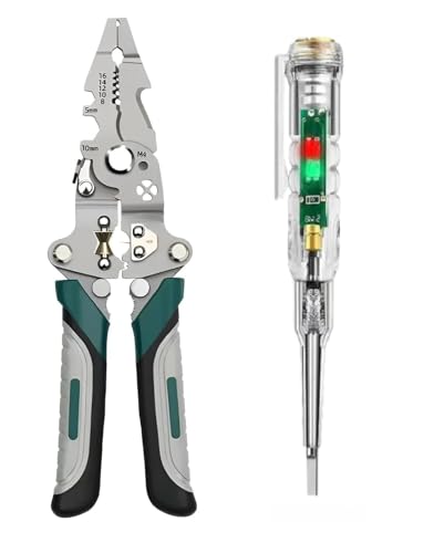 Image of SAMEZONE Foldable Wire Stripper Plier & Voltage Tester Pen Combo | Multi Function Wire Cutter Crimping Tool Kit for Electricians & Home Repair Use (Green Stripper with Tester)