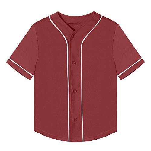 Icibgds Kids Baseball Jersey Button Boys T-Shirt Trendy Hip Hop Girls Black and White Short Sleeve Tshirt (Wine red, 12 Years)