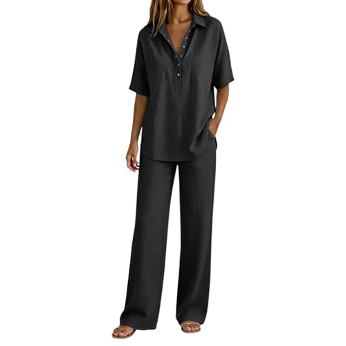 Conjunto de ropa de verano para mujer en algodón monocolor plisado de dos piezas con solapa