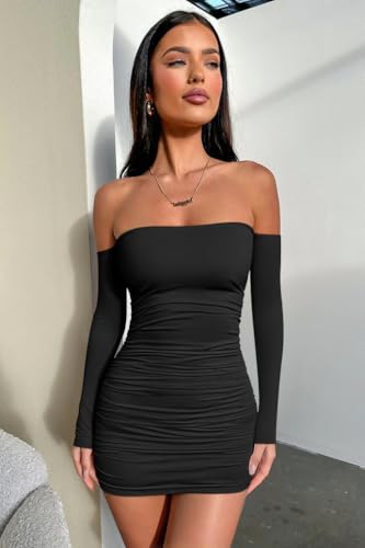 OQQ Cocktail Dresses 2025 Tube Off Shoulder Long Sleeve Sexy Bodycon Ruched Party Short Mini Dresses ﻿3