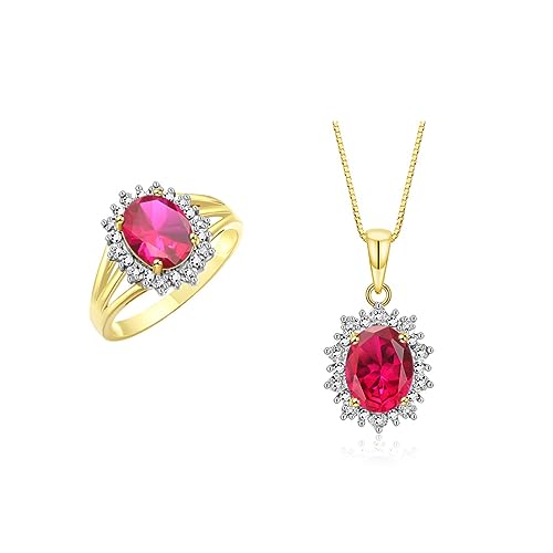 Image of Rylos Women's Yellow Gold Plated Silver Princess Diana Ring & Pendant Set. Gemstone & Diamonds, 9X7MM Birthstone. Matching Friendship Jewelry, Sizes 5-10.