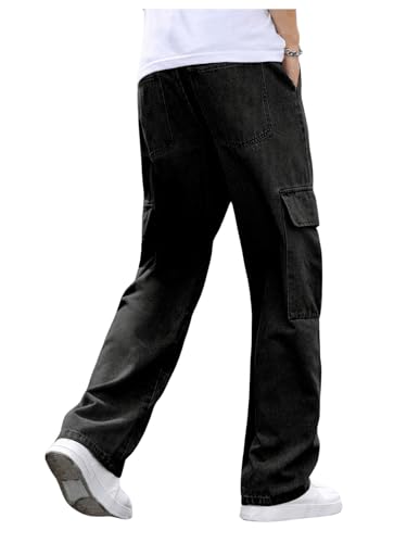 OYOANGLE Men's Flap Pocket Denim Cargo Pants Straight Leg Skateboard Jean Trousers2