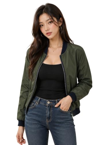 Image of Women's Bomber Jacket | Lightweight Zip-Up Casual Jacket | Full Sleeve Ribbed Collar Solid Jacket with Pockets | Stylish Outdoor Windcheater