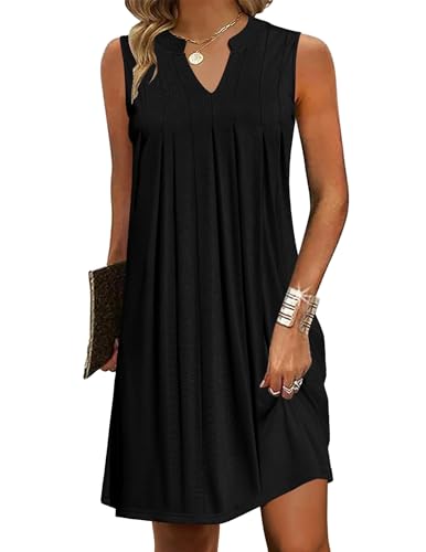 HOTOUCH Women Casual A-Line Dress with Pockets 2024 Sleeveless V Neck Pleated Sundress Loose T-Shirt Work Office Dresses