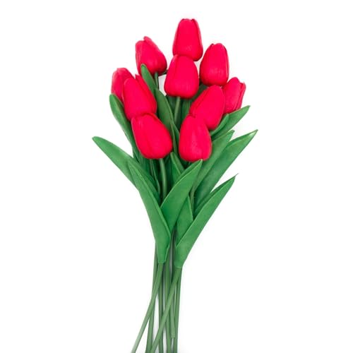 TACOLO Red Flowers Fake Tulips Artificial Flowers, 13 Inch Real Touch PU Flowers for Decoration, 10 Pcs Tulip Flowers Bouquet for Vase, Mother's Day Easter Valentines Gifts