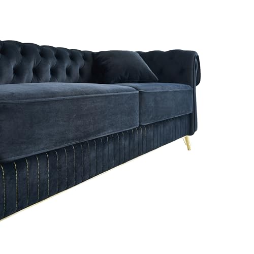 Image of KEIKI 89 inch Chesterfield Velvet Button Tufted Sofa with High Density Foam Cushions and 2 Toss Pillows, Modern Style 3-Seater Couch with 4 Gold Metal Leg, Easy Assembly, for Living Room, Apartment, Black
