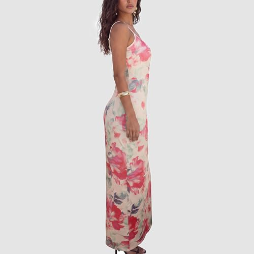 Image of Womens Summer Casual Floral Dresses Spaghetti Strap Bodycon Maxi Beach Dress Elegant Evening Party Long Dresses