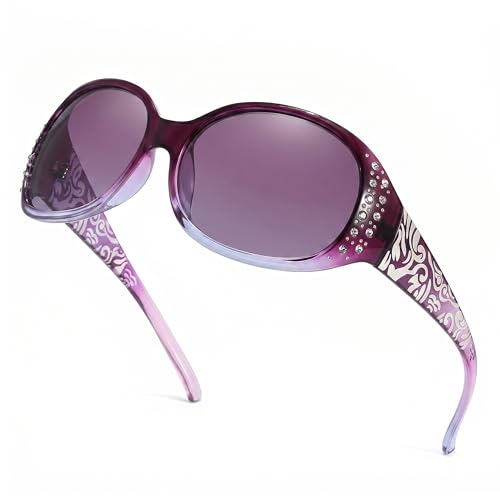 Image of LVIOE Polarized Sunglasses for Women Rhinestone Design Wrap Around Shades | UV400 Protection Fashion Sun Glasses Stylish Elegant Frame, Bonus Cleaning Cloth & Soft Pouch Plus Essential Accessories