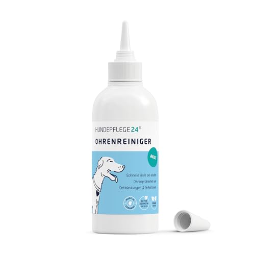 Hundepflege24 Ohrenreiniger für Hunde Akut - Extra-starker Hundeohr Reiniger bei Entzündungen & Infektionen - Natürliche Ohrentropfen für Hunde mit Piroctone Olamine, Kamille & Aloe Vera 250ml